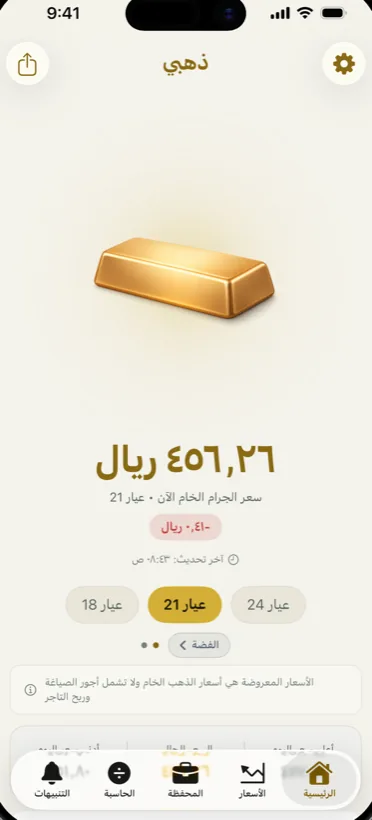 Dhahabi home screen with today's gold price